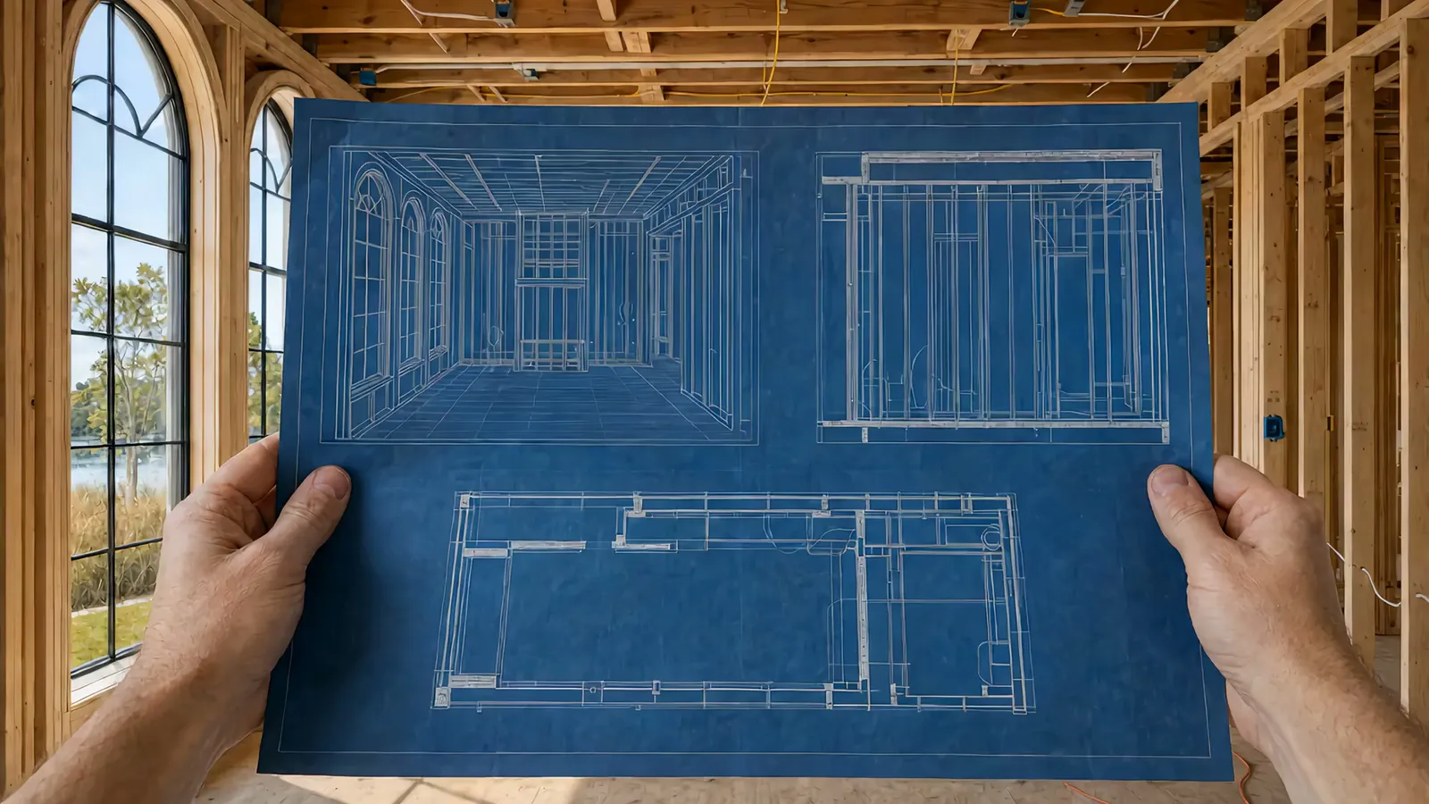 Hands holding a blueprint inside a framed room