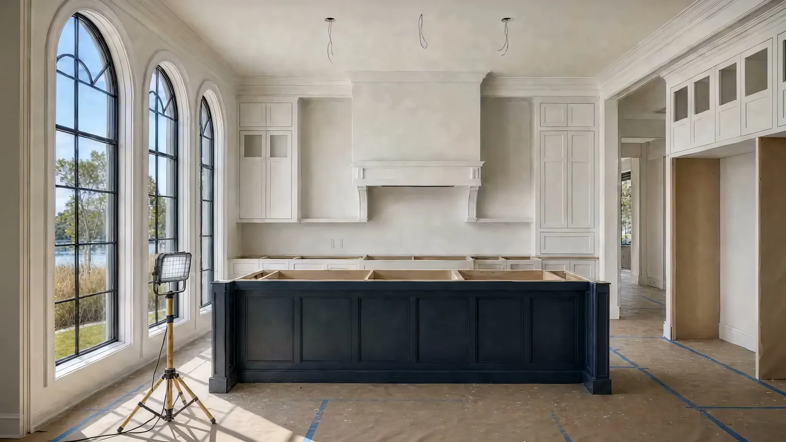 Kitchen with the island boxes in and the walls painted
